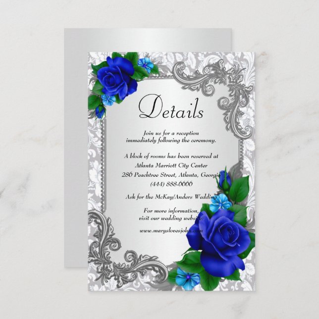 Elegante blaue Rose Hochzeitdetails Begleitkarte (Vorne/Hinten)