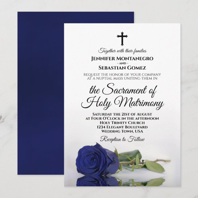 Elegante blaue Rose Moderne katholische Hochzeit Einladung (Vorne/Hinten)