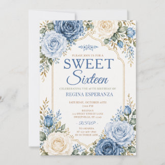 Elegante blaue Rosen-Blumen-Sweet-Sixteen-Geburtst Einladung