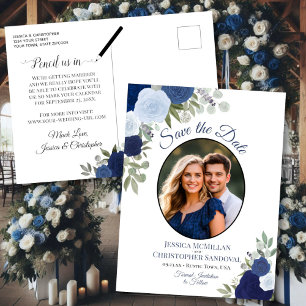 Elegante Blaue Rosen & Foto Hochzeit Termin vormer Ankündigungspostkarte