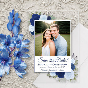 Elegante blaue Rosen Hochzeit Save-the-Date-Foto Acryleinladungen