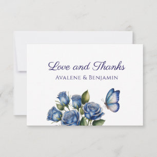 Elegante Blaue Rosen Schmetterling Silber Hochzeit Dankeskarte