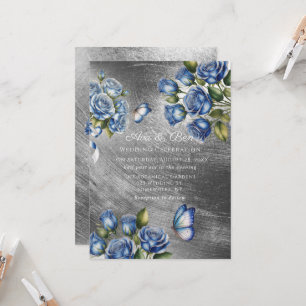 Elegante Blaue Rosen Schmetterling Silber Hochzeit Einladung