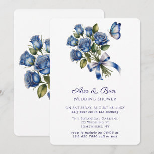 Elegante Blaue Rosen Schmetterling Silber Hochzeit Einladung