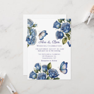 Elegante Blaue Rosen Schmetterling Silber Hochzeit Einladung