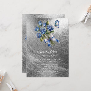 Elegante Blaue Rosen Schmetterling Silber Hochzeit Einladung