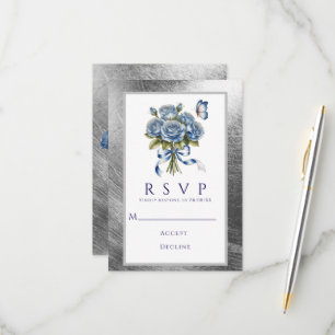 Elegante Blaue Rosen Schmetterling Silberne Hochze RSVP Karte