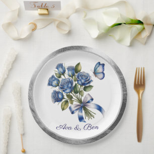 Elegante Blaue Rosen und Schmetterling Silberne Ho Pappteller