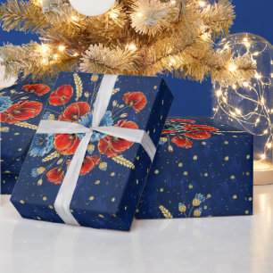 Elegante blaue, rote und goldene Erinnerungsmohnbl Geschenkpapier