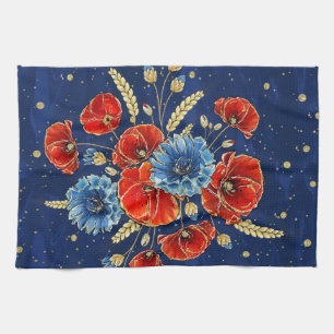 Elegante blaue, rote und goldene Gedenkmohnblumen Geschirrtuch