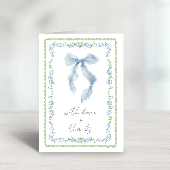 Elegante blaue Schleife Aquarell-Junggesellinnenab Dankeskarte (Elegant Blue Bow Watercolor Bridal Shower Thank You Card)