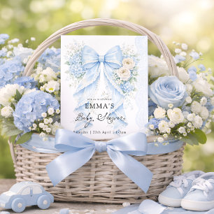 Elegante blaue Schleife Blumen Baby Shower Einladung