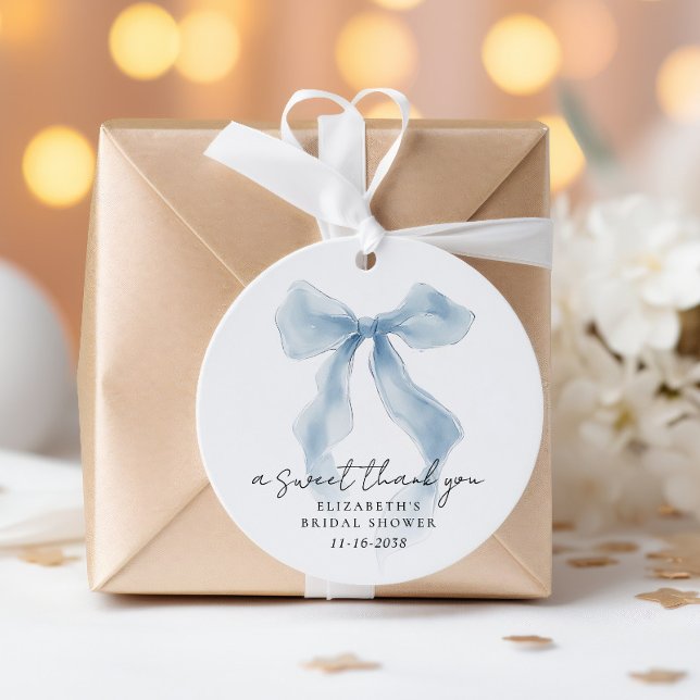 Elegante blaue Schleife Brautparty Danke Geschenkanhänger (Elegant Blue Bow Bridal Shower Thank You Favor Tags)