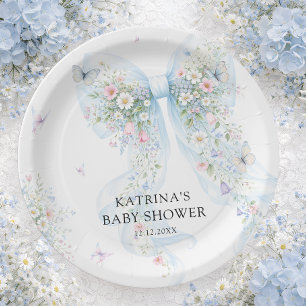 Elegante Blaue Schleife Wildblumen-Baby-Party Pappteller