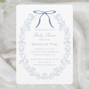 Elegante blaue Schleifen und Blumen-Baby-Party Einladung