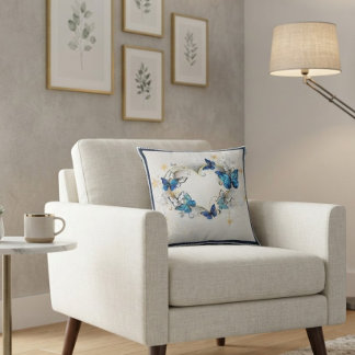 Elegante Blaue Schmetterlinge und Goldenes Herz Kissen