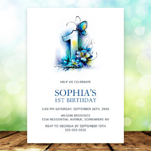 Elegante blaue Schmetterlings-Blumen 1. Geburtstag Einladung
