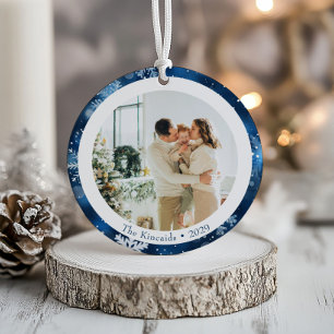 Elegante blaue Schneeflocke Weihnachtsfoto Keramik Ornament