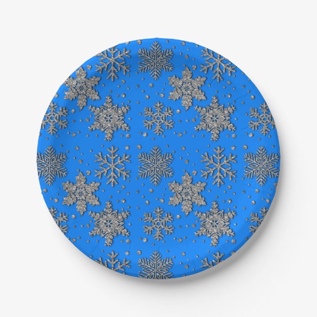Elegante blaue Schneeflocken Pappteller (Vorderseite)