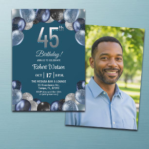 Elegante blaue Silber-Glitter 45. Geburtstagsfoto Einladung