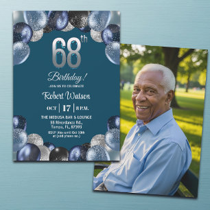 Elegante blaue Silber-Glitter 68. Geburtstagsfoto Einladung