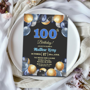 Elegante Blaue Silber Goldene 100. Geburtstagsfeie Einladung