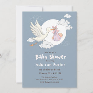 Elegante Blaue Storch Mädchen Baby Shower Einladung
