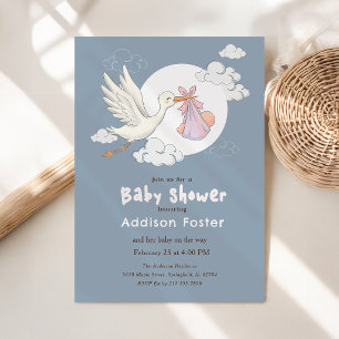 Elegante Blaue Storch Mädchen Baby Shower Einladung