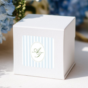 Elegante blaue Streifen Monogramm Quadratischer Aufkleber