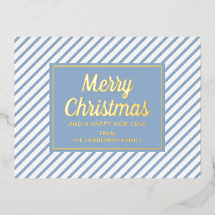 Elegante blaue Streifen Weihnachten Gold Folien Feiertagspostkarte