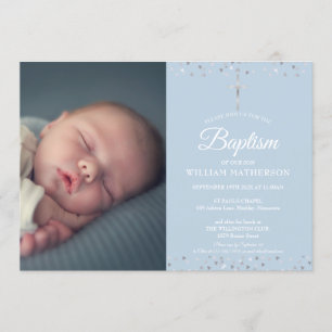 Elegante blaue Taufe, Christening-Foto Einladung