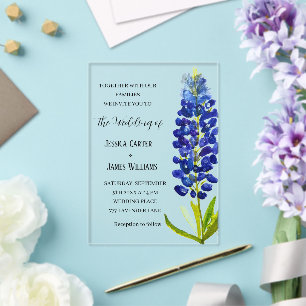 Elegante Blaue Texas-Wasserfarben-Blumenhochzeit Acryleinladungen