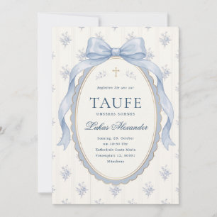 Elegante blaue Toile-Blumen-Schleife Jungen-Taufe Einladung