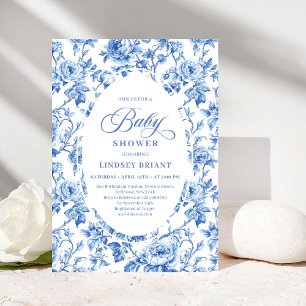 Elegante Blaue Toile-de-Jouy-Rosen-Blumen-Baby-Par Einladung