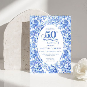 Elegante blaue Toile-Rosen-Einladung zum 50. Gebur Einladung