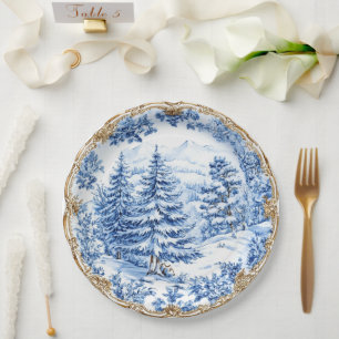 Elegante blaue Toile-Weihnachtsbaum-Feiertags-Dini Pappteller