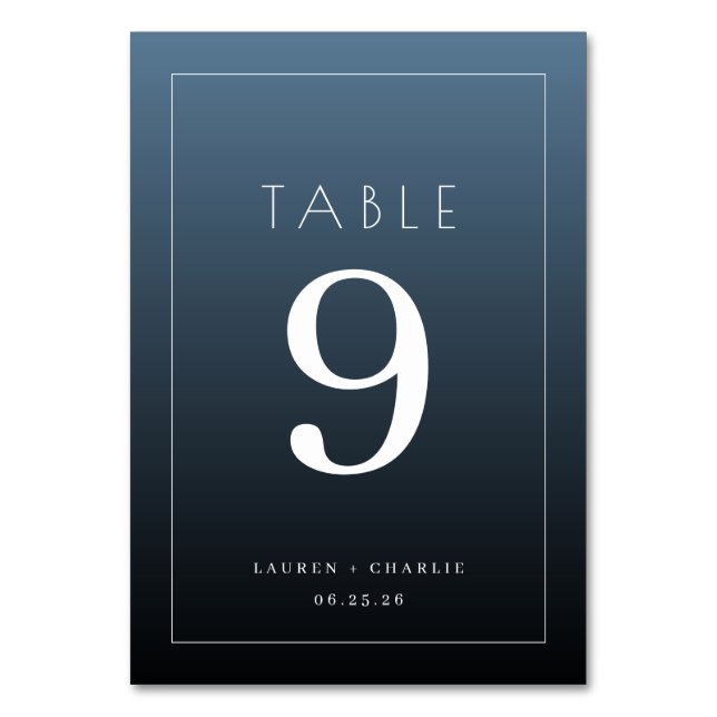 Elegante blaue typografische Tischnummer (Vorderseite)