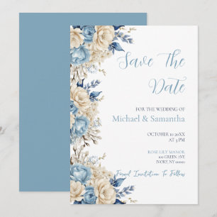 Elegante blaue und elfenbeinfarbene Hochzeit mit R Save The Date