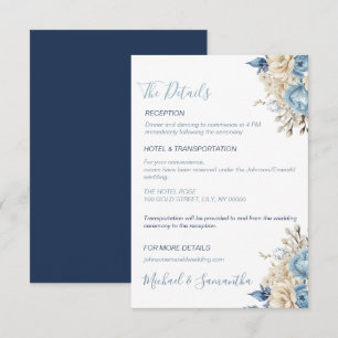 Elegante blaue und elfenbeinfarbene Hochzeitrose Begleitkarte