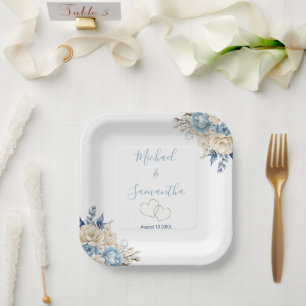 Elegante blaue und elfenbeinfarbene Hochzeitrose Pappteller