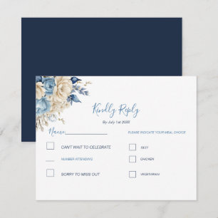 Elegante blaue und elfenbeinfarbene Hochzeitrose RSVP Karte