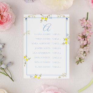 Elegante blaue und gelbe Hochzeitssitzkarte mit fl Tischnummer