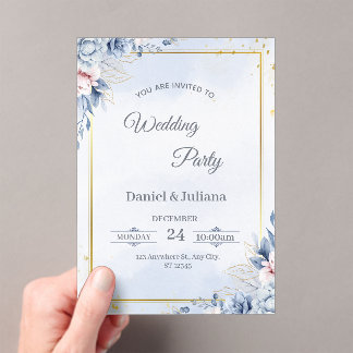 Elegante blaue und goldene Acryl-Hochzeitseinladun Acryleinladungen