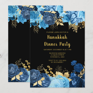 Elegante blaue und goldene Blumen Chanukka-Party Einladung
