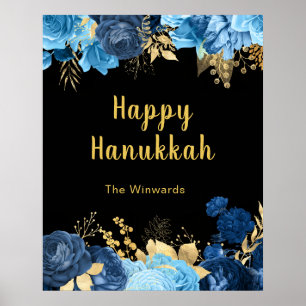 Elegante blaue und goldene Blumen Chanukka-Party Poster