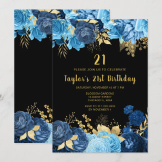 Elegante blaue und goldene Blumen Geburtstagsfeier Einladung