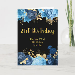 Elegante blaue und goldene Blumen Geburtstagsfeier Karte