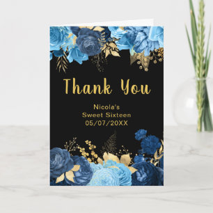 Elegante blaue und goldene Blumen Sweet Sixteen Dankeskarte
