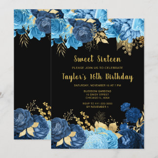 Elegante blaue und goldene Blumen Sweet Sixteen Einladung