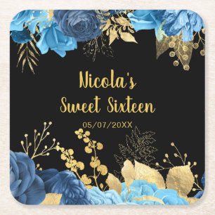 Elegante blaue und goldene Blumen Sweet Sixteen Rechteckiger Pappuntersetzer